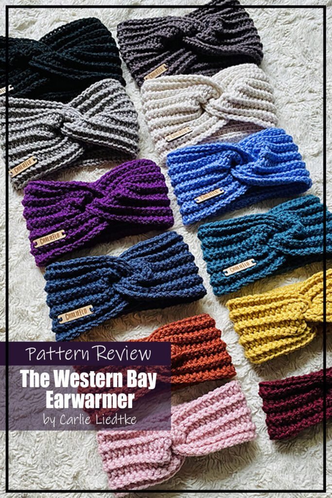 Crochet pattern samples for The Western Bay Earwarmer by Carlie Liedtke. Many samples in different colours. Text on image reads "The Western Bay Earwarmer by Carlie Liedtke Pattern Review".