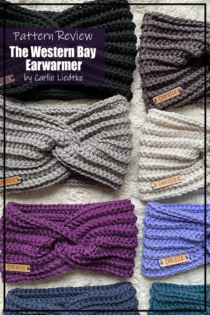Crochet pattern samples for The Western Bay Earwarmer by Carlie Liedtke. Many samples in different colours. Text on image reads "The Western Bay Earwarmer by Carlie Liedtke Pattern Review".