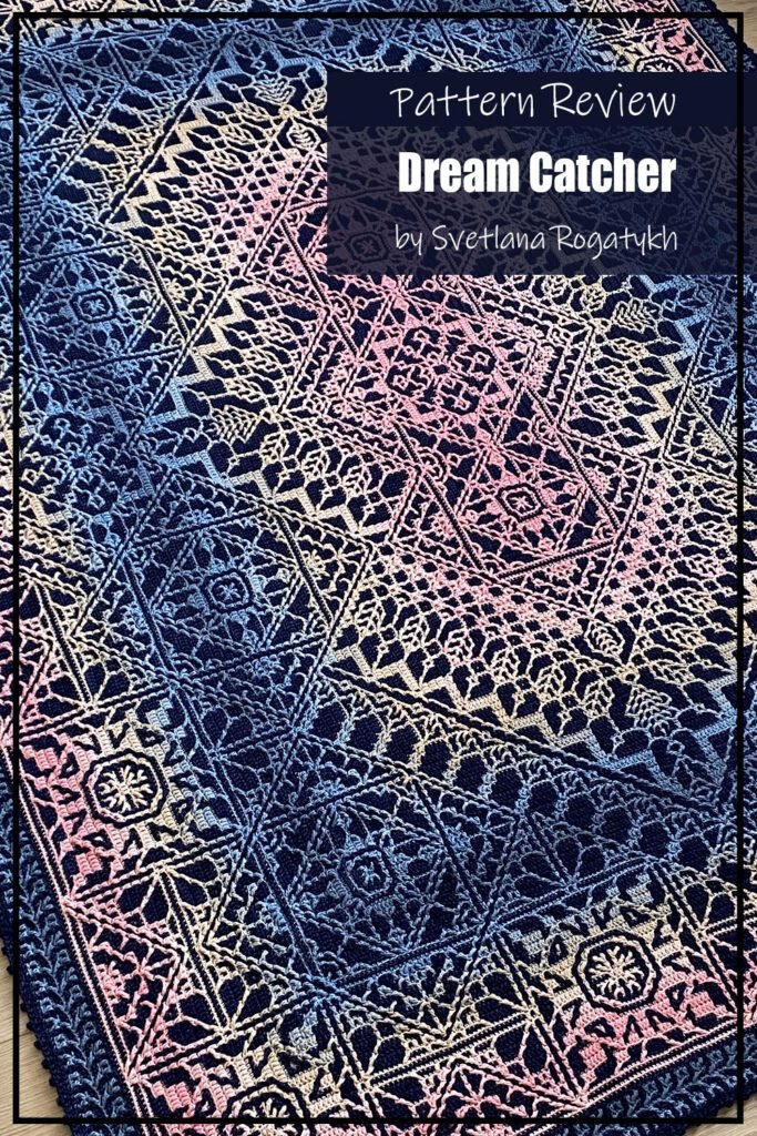 Dream Catcher crochet pattern sampler is a mosaic crochet blanket made using black yarn and rainbow yarn to create the intricate motifs. The blanket is laid out on a wood floor.  The text on the image reads "Dream Catcher by Svetlana Rogatykh Pattern Review".