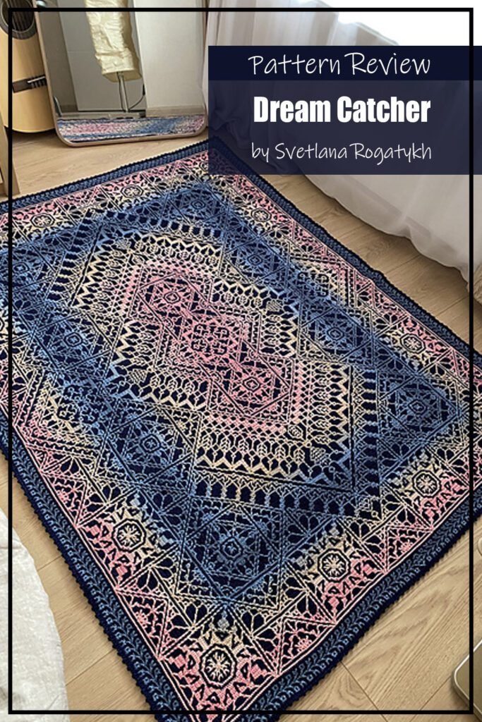 Dream Catcher crochet pattern sampler is a mosaic crochet blanket made using black yarn and rainbow yarn to create the intricate motifs. The blanket is laid out on a wood floor. The text on the image reads "Dream Catcher by Svetlana Rogatykh Pattern Review".
