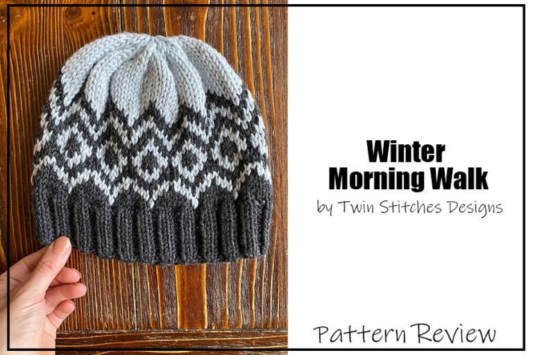 Winter Morning Walk by Twin Stitches Designs knitting pattern sample knit with light grey and dark grey wool.