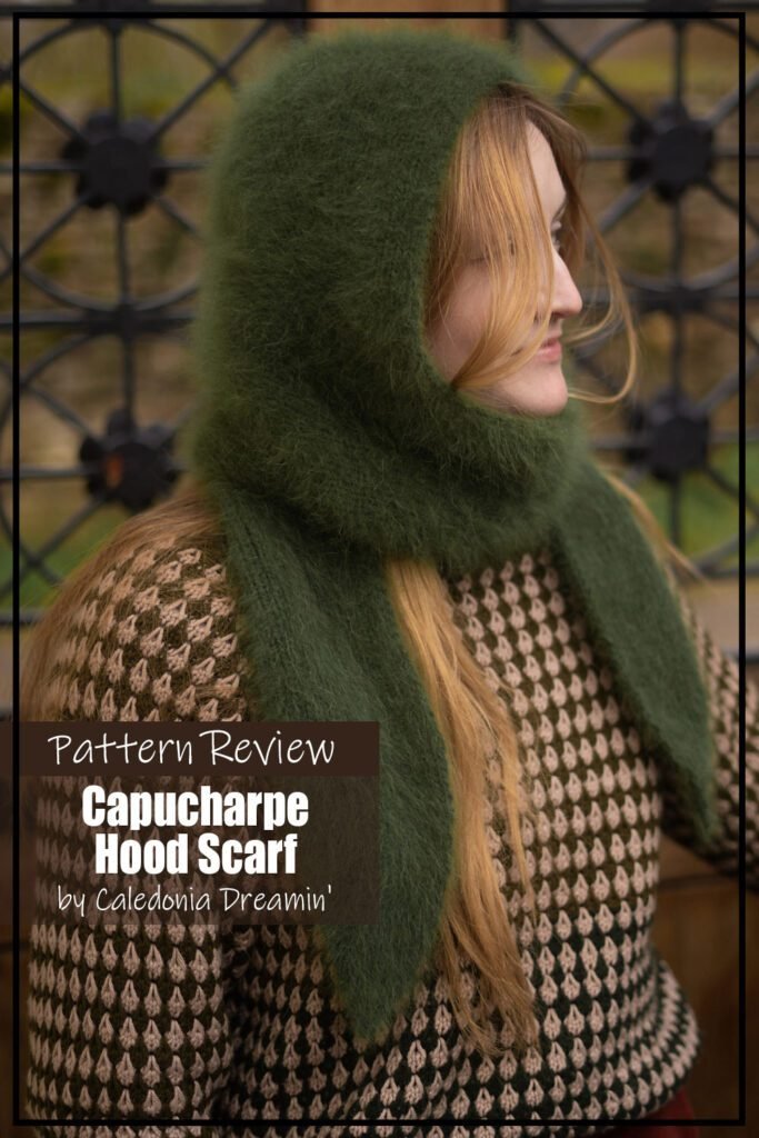 Capucharpe hooded scarf knitting pattern sample is knit using an green angora yarn that is very fluffy. The text on the image reads "Capucharpe Hood Scarf by Caledonia Dreamin' Pattern Review".