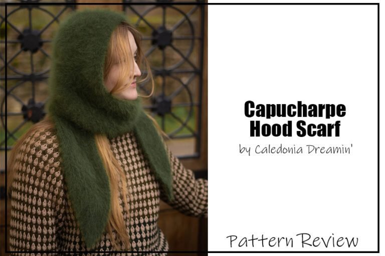 Capucharpe hooded scarf knitting pattern sample is knit using an green angora yarn that is very fluffy. The text on the image reads "Capucharpe Hood Scarf by Caledonia Dreamin' Pattern Review".