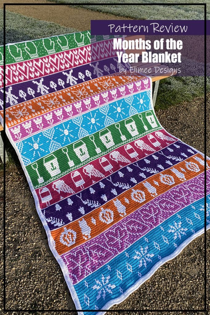 Months of the Year Blanket crochet pattern for the 2025 CAL sample is made with a variety of background colours and white as the main colour. The text on the image reads "Months of the Year Blanket by Elimee Designs Pattern Review"