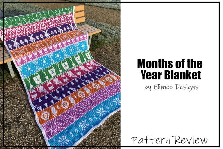 Months of the Year Blanket crochet pattern for the 2025 CAL sample is made with a variety of background colours and white as the main colour. The text on the image reads "Months of the Year Blanket by Elimee Designs Pattern Review"