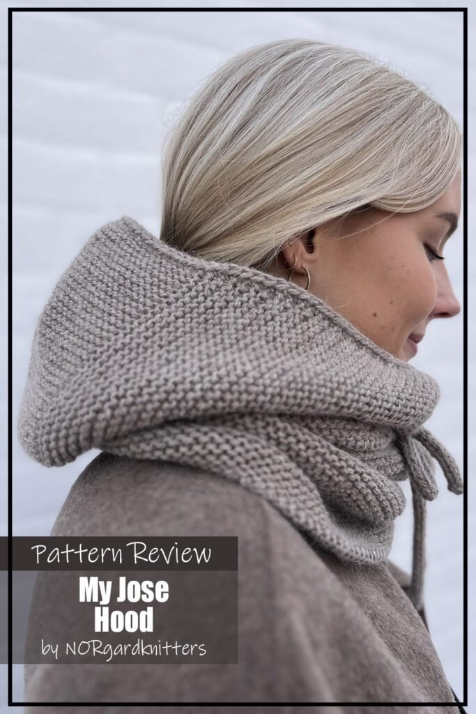 My Jose Hood scarf knitting pattern sample is made using a beige yarn. It is model by a woman with blond hair wearing a brown coat. The text on the image reads "My Jose Hood by NORgardknitters Pattern Review".